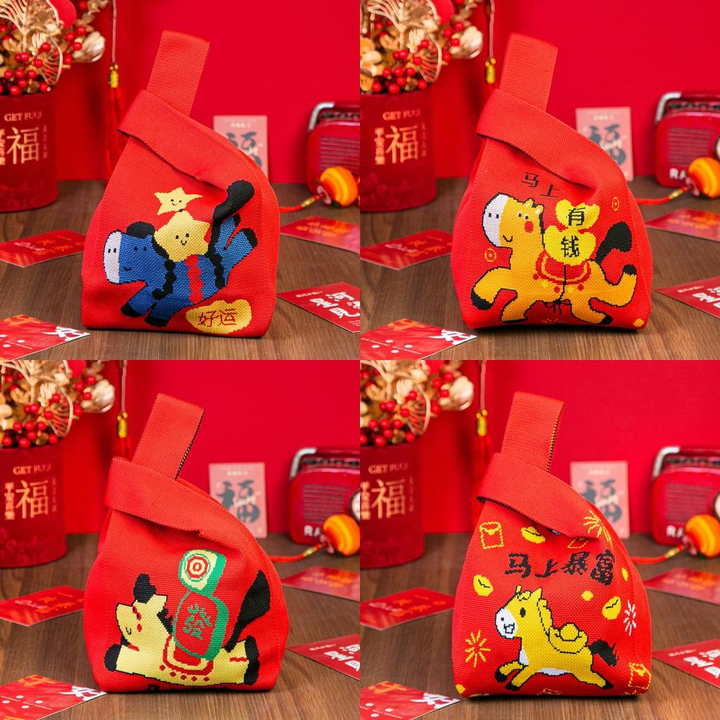 Year Of The Horse Red Knot Wrist Handbag Cartoon Mascot Pony Knitted Candy Tote Bag Reusable Shopping Bag Gift Packaging Bag
