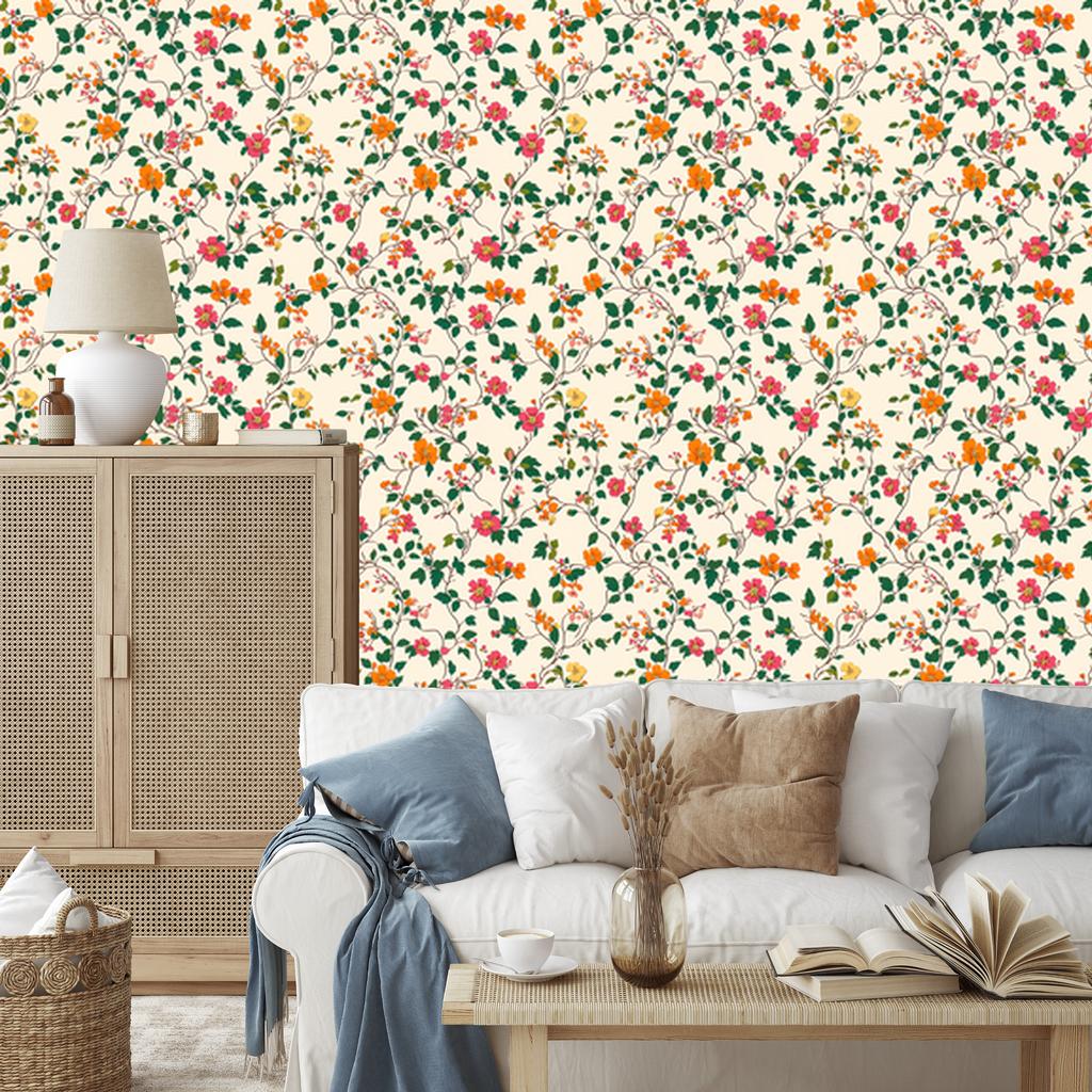 Wallpaper Small Flowers Cream, Beige and Green for Living Room and Bedroom 50x1000