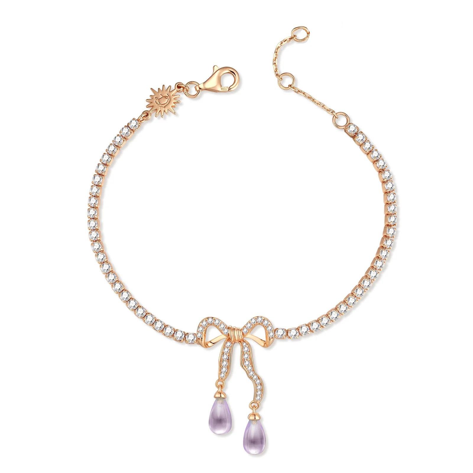 

Light Luxury Bow Bracelet Full Of Diamonds Amethyst Pendant Sweet Cool Girl Daily Commuting Versatile Earrings