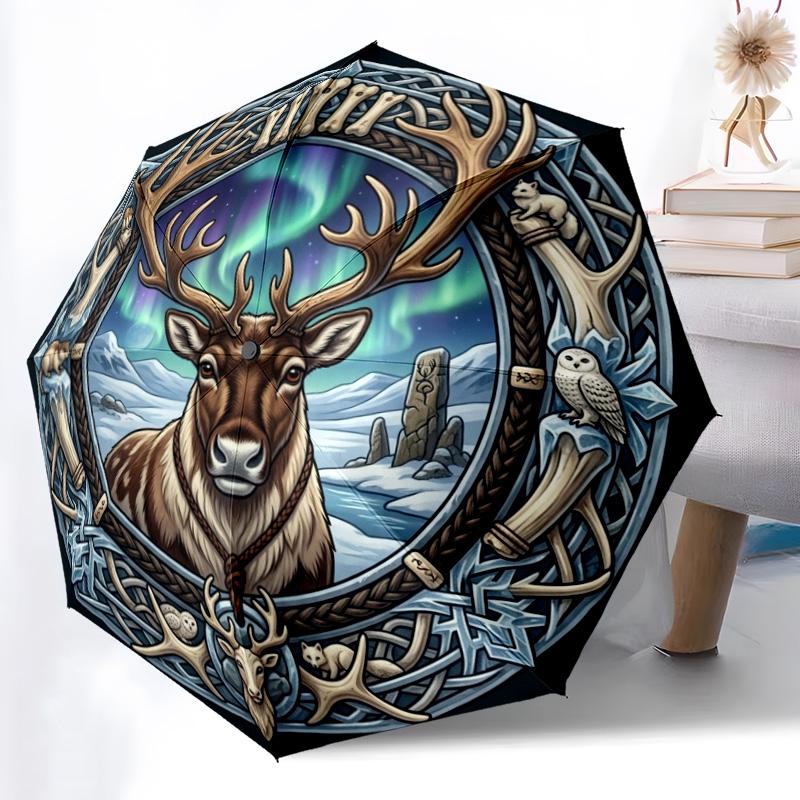 Winter Wildlife Circle pattern umbrella, portable and foldable design, 8 ribs, a casual accessory for Halloween, Christmas, and birthday gifts.
