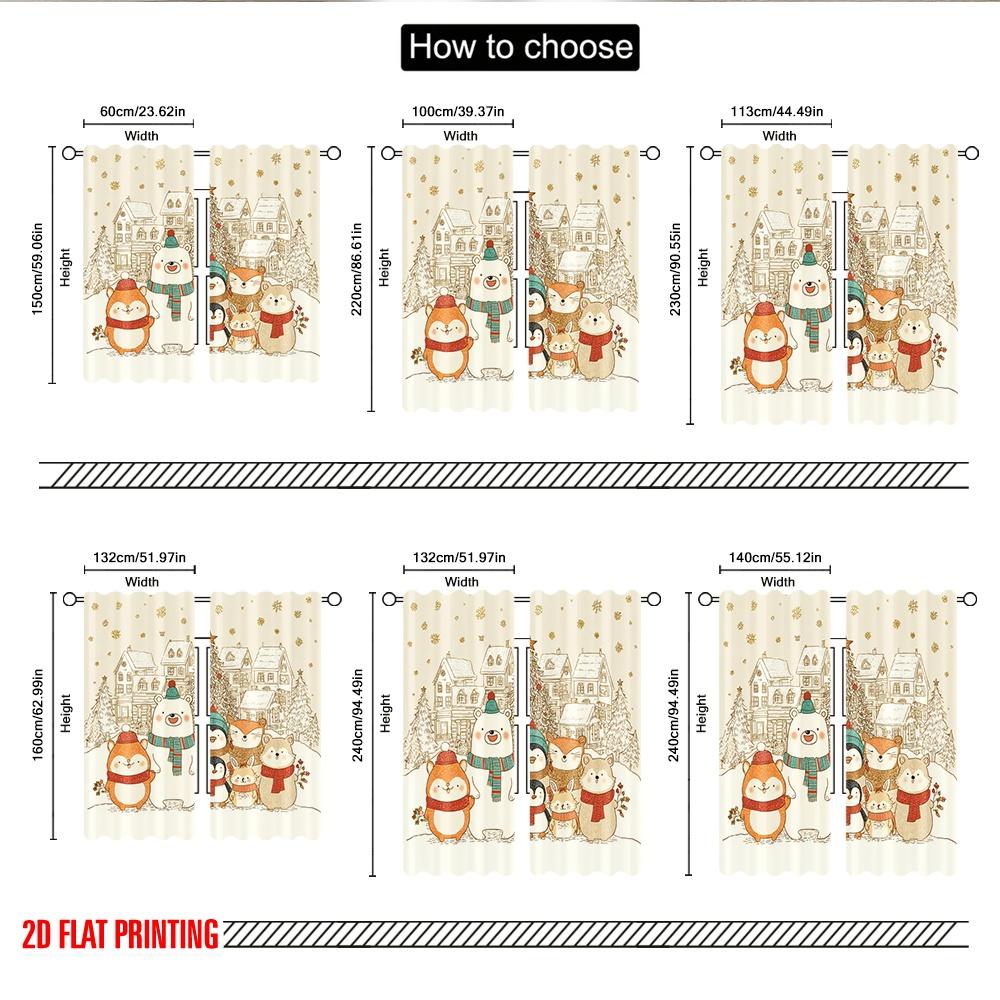 2pcs 2D Flat Printing Happy Christmas Fashion Curtains Cute Christmas Animals Snowflakes Holiday Digital Printed Polyester