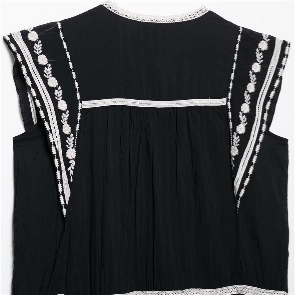 2025 Spring/Summer Women's Loose Color Block Embroidered Sleeveless Dress