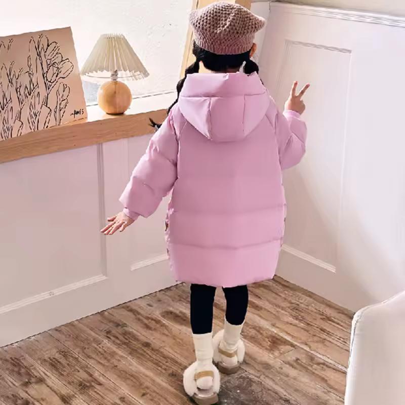 Winter Girls Down Jacket Long Style Thick Warm Cartoon Bear Hooded Coat for Kids Children Outerwear Clothing