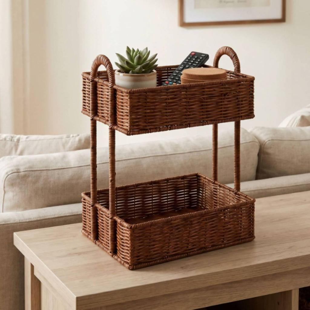 Rattan Hanging Basket Shelf Space-Saving Wall Mounted Storage Rack Easy to Clean
