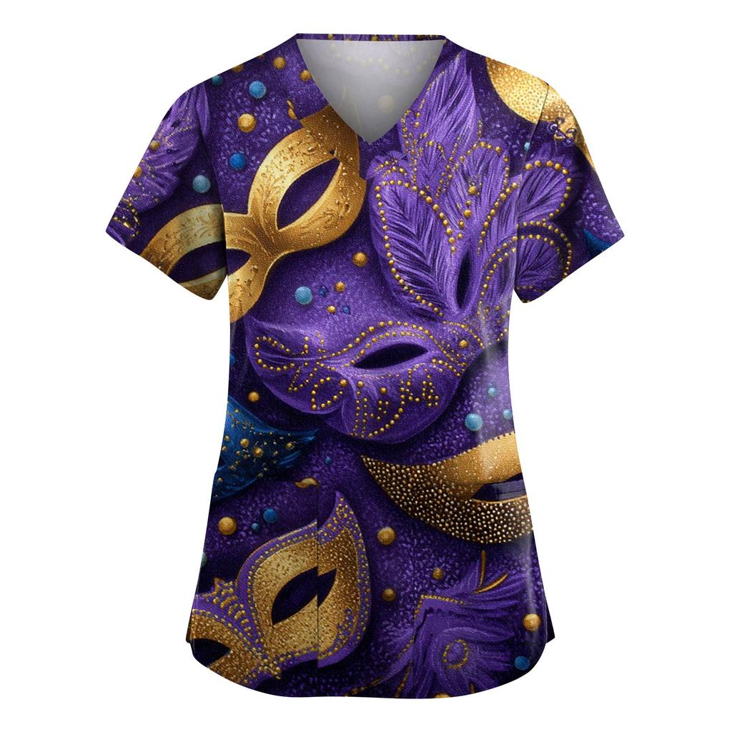 Women's Fashion V-Neck Short-Sleeved Workwear With Pockets Carnival Print Top Caregiver Uniform