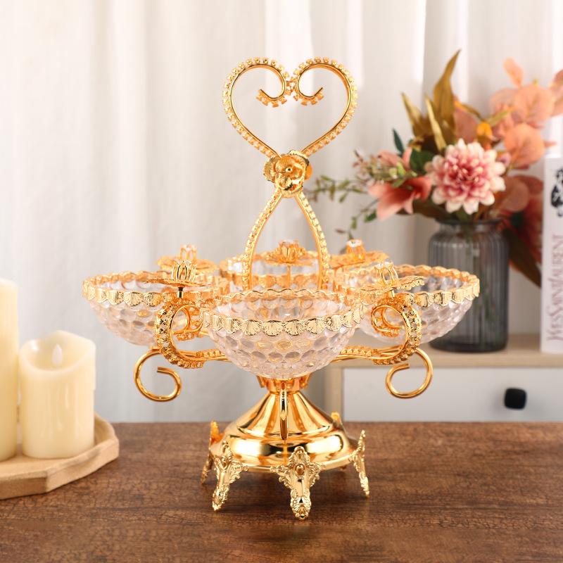 Golden flower decoration rotating fruit plate light luxury high-end glass nut snack fruit plate portable fruit plate crafts