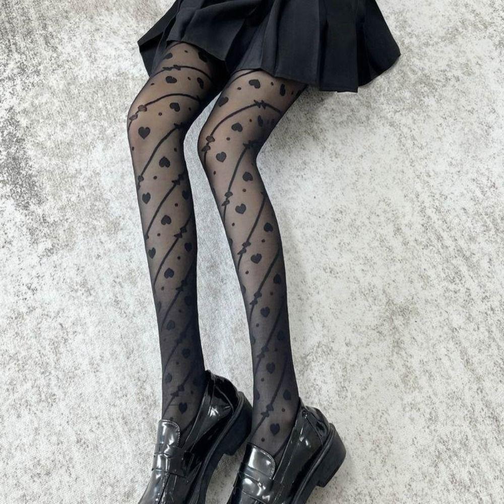 Transparent Heart Long Tights Ultra-thin Leggings Women Fashion Mesh Pantyhose Streetwear