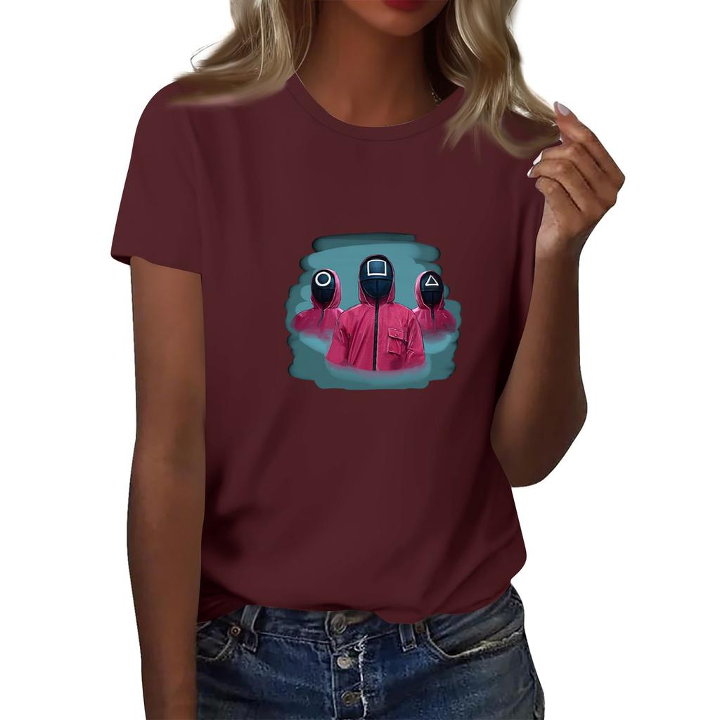 Damen Rundhals Bedrucktes Kurzarm T-Shirt Top