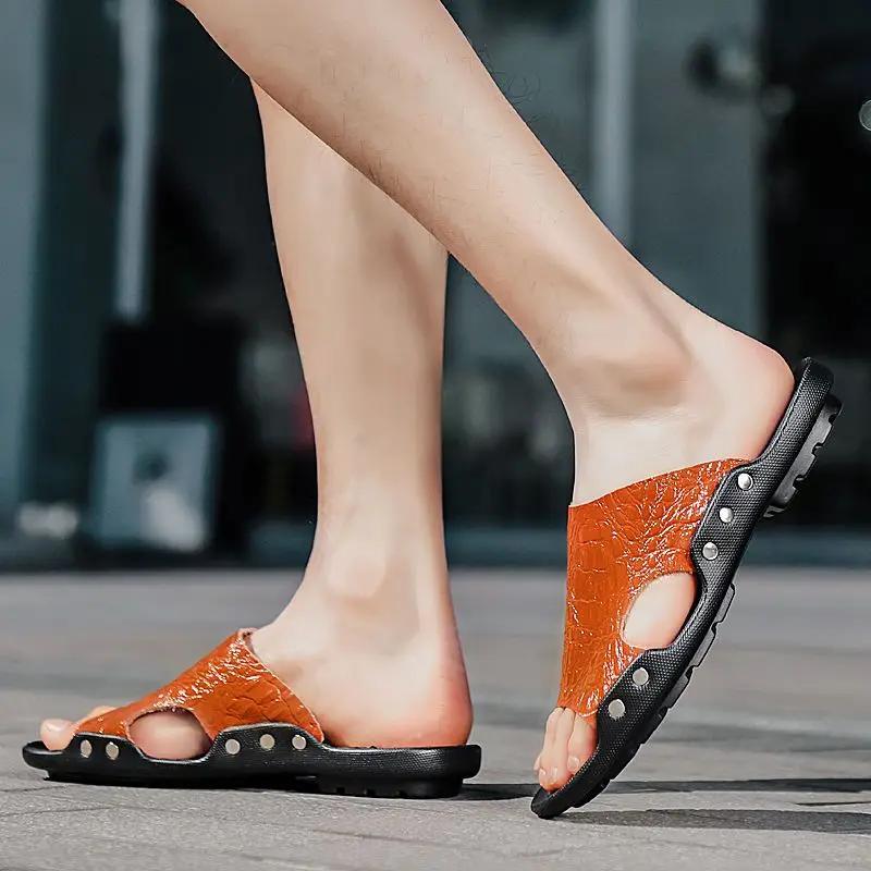 Fashion Lazy Men's Shoe House Beach Platform Slides Indoor Walk Around Home Genuine Leathe Pvc Fun Casual Elegant Y2k Adult Male Slipper
