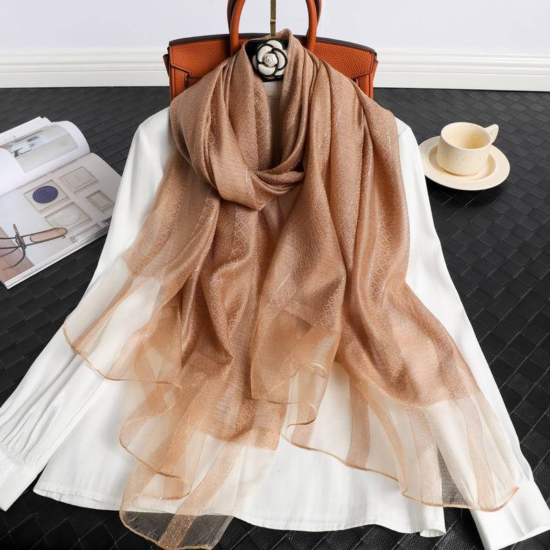 Fashion Stripe Women Silk Scarf Thin Summer Lady Beach Shawl Scarves With Gold Thread Muslim Foulard Female Hijab Headscarf