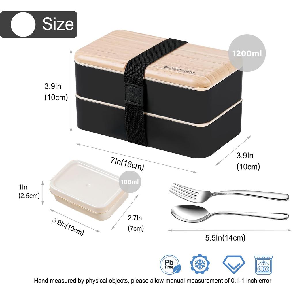 Original Bento Lunch Box Japanese Style 2 Layer Food Container with Utensils Spoon and Fork Bundle Dividers Salad Box Unisex (Black)