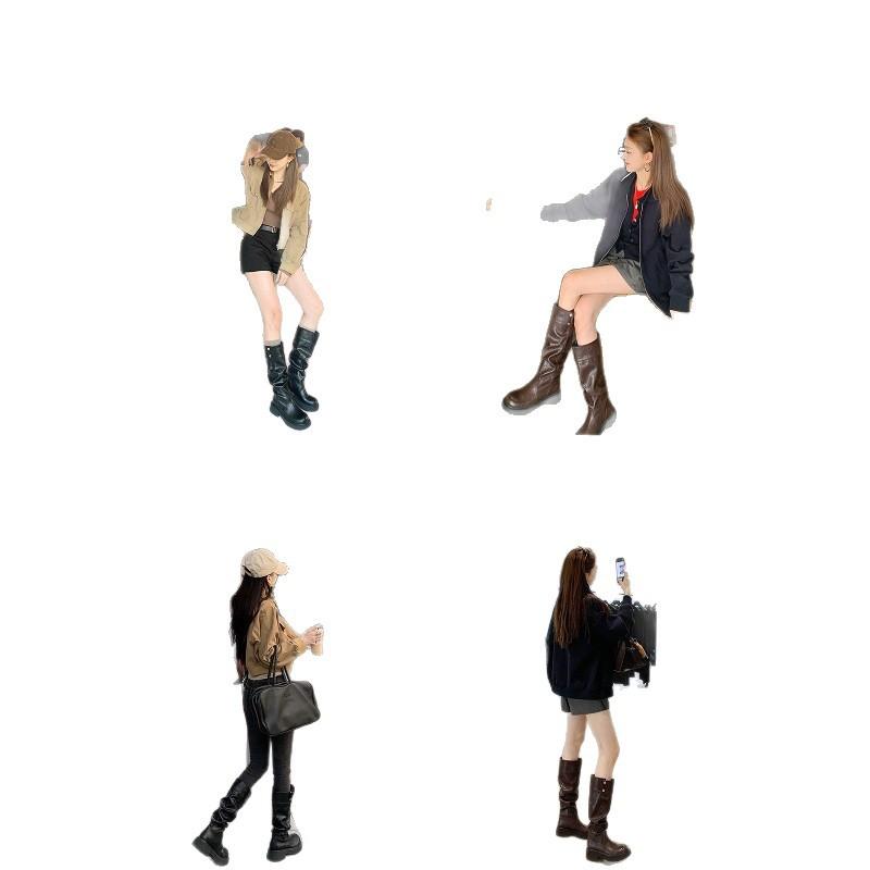 Cowhide Version~ Grape Ma Height Increase 5cm Long Boots Three-dimensional Round Head Thick Sole Thick Heel Snap Button Knight Boots Women's