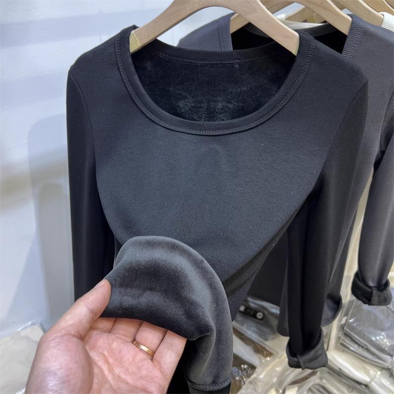 Women's European Style Velvet-Lined Long Sleeve Slimming T-Shirt for Autumn/Winter