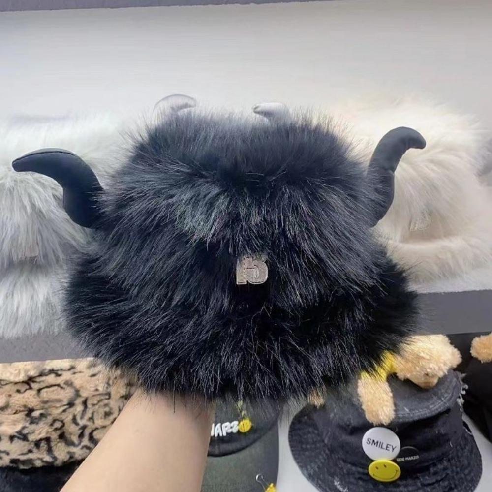 Big Black Fluffy Women's Hat Men's and Women's Winter Horn Ears Windproof and Cold Cycling Cute Cow Head Warm Plush Hat