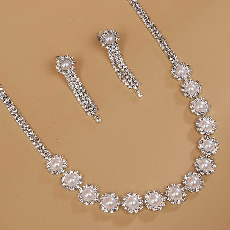 Pearl  Flower Necklace Earring Set Simple Everything Choker Clavicle Chain Earring Set