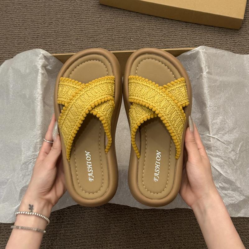 Thick bottom with skirt cool slippers women's summer wear new retro vacation seaside beach cross slippers
