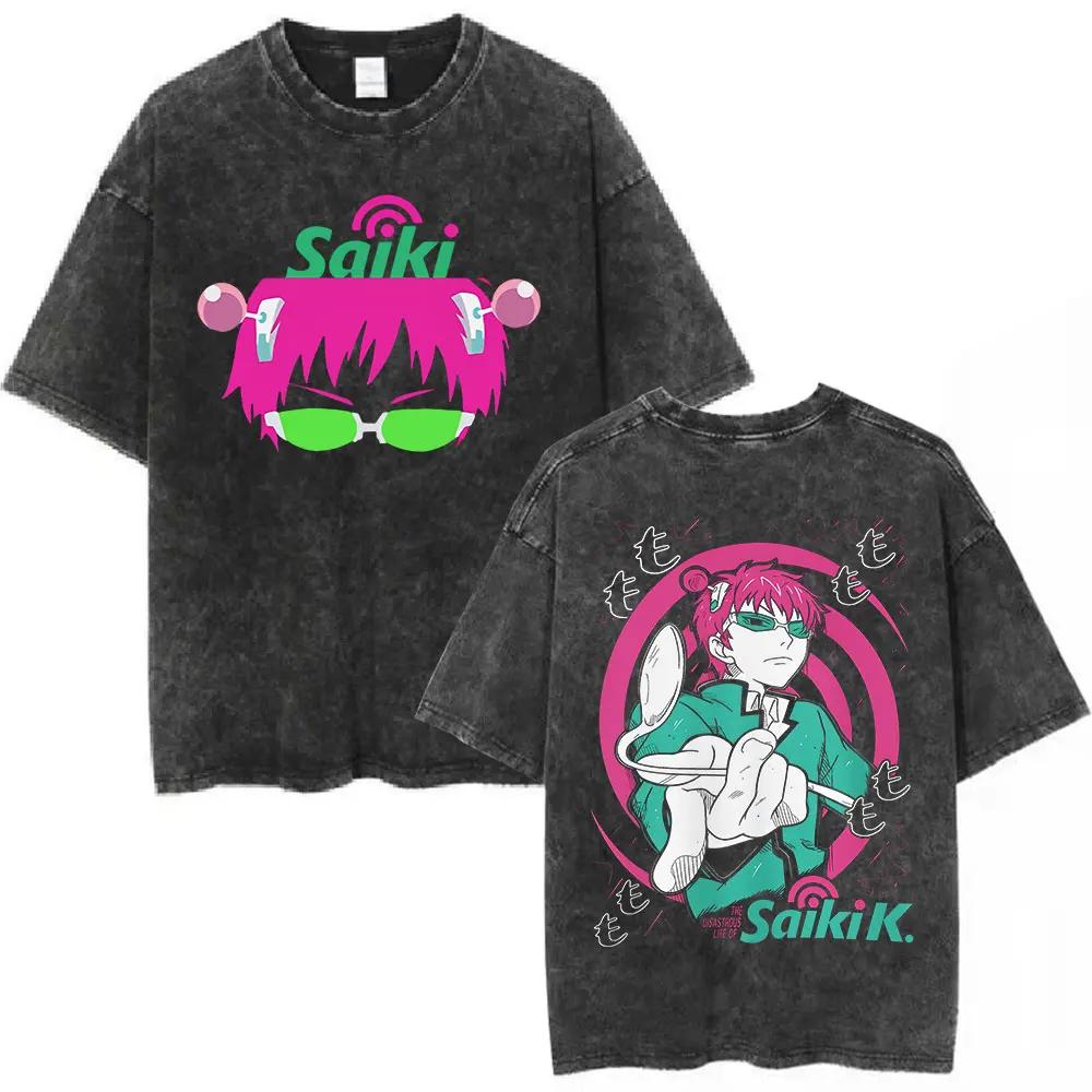 Summer Washed Vintage Anime The Disastrous Life of Saiki K Saiki Kusuo Men Retro Pure Cotton Printed Leisure T-shirt