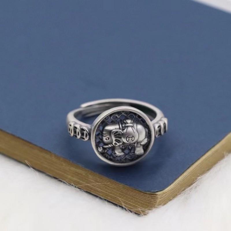 Adjustable Open Ring Women Men Vintage Elephant Coin Motif Geometric Hollow Plated Finger