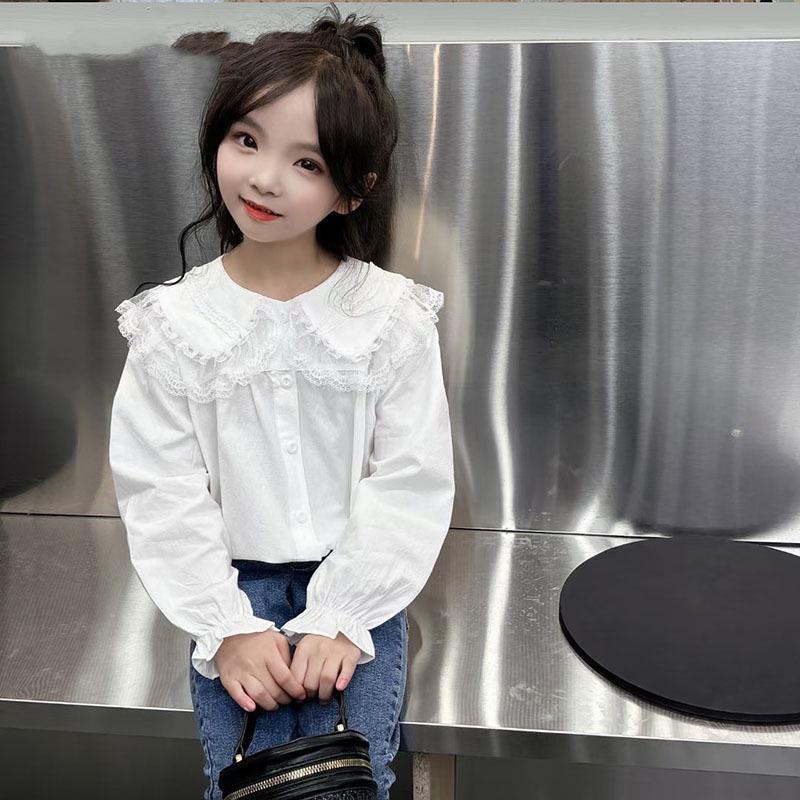 2024 Spring/Autumn Girls' White Cotton Shirt, Turn-Down Collar, Fashionable Student Top