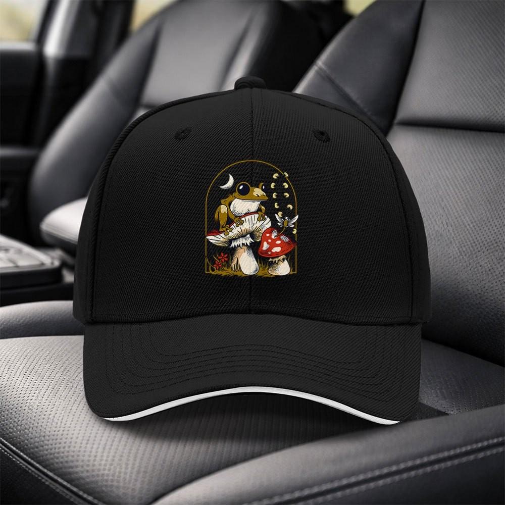 Unisex Adjustable Frog Mushroom Baseball Cap Lightweight Dad Hat Curved Brim Outdoor Casual Wear Hand Washable