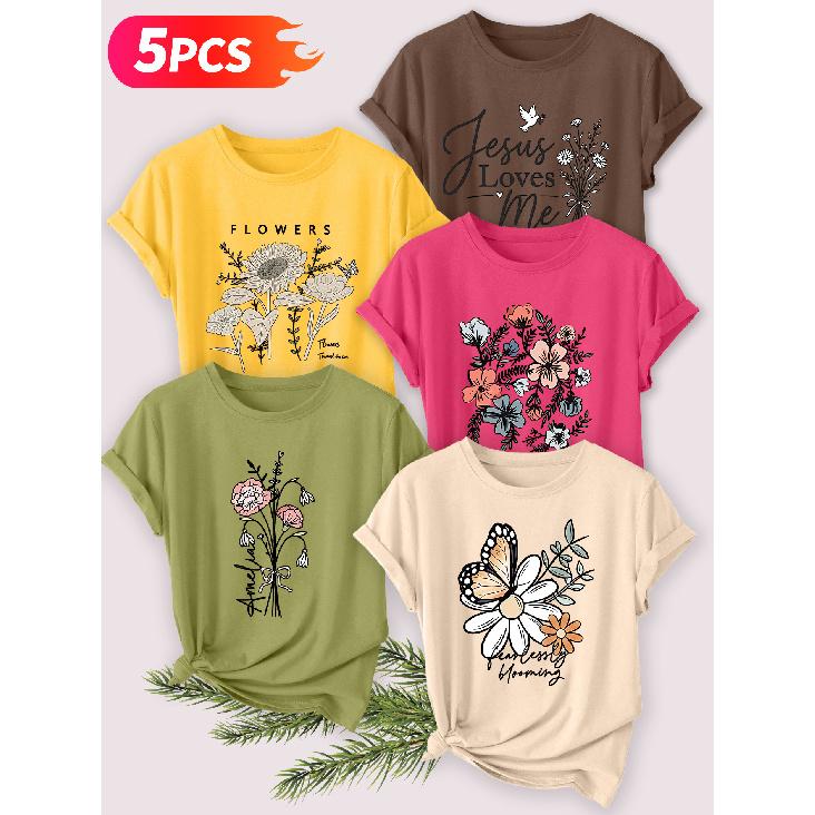 Five-piece set Elegant short-sleeved shirt for women Beach sunset print round-neck women's short-sleeve shirt suitable for spring and summer