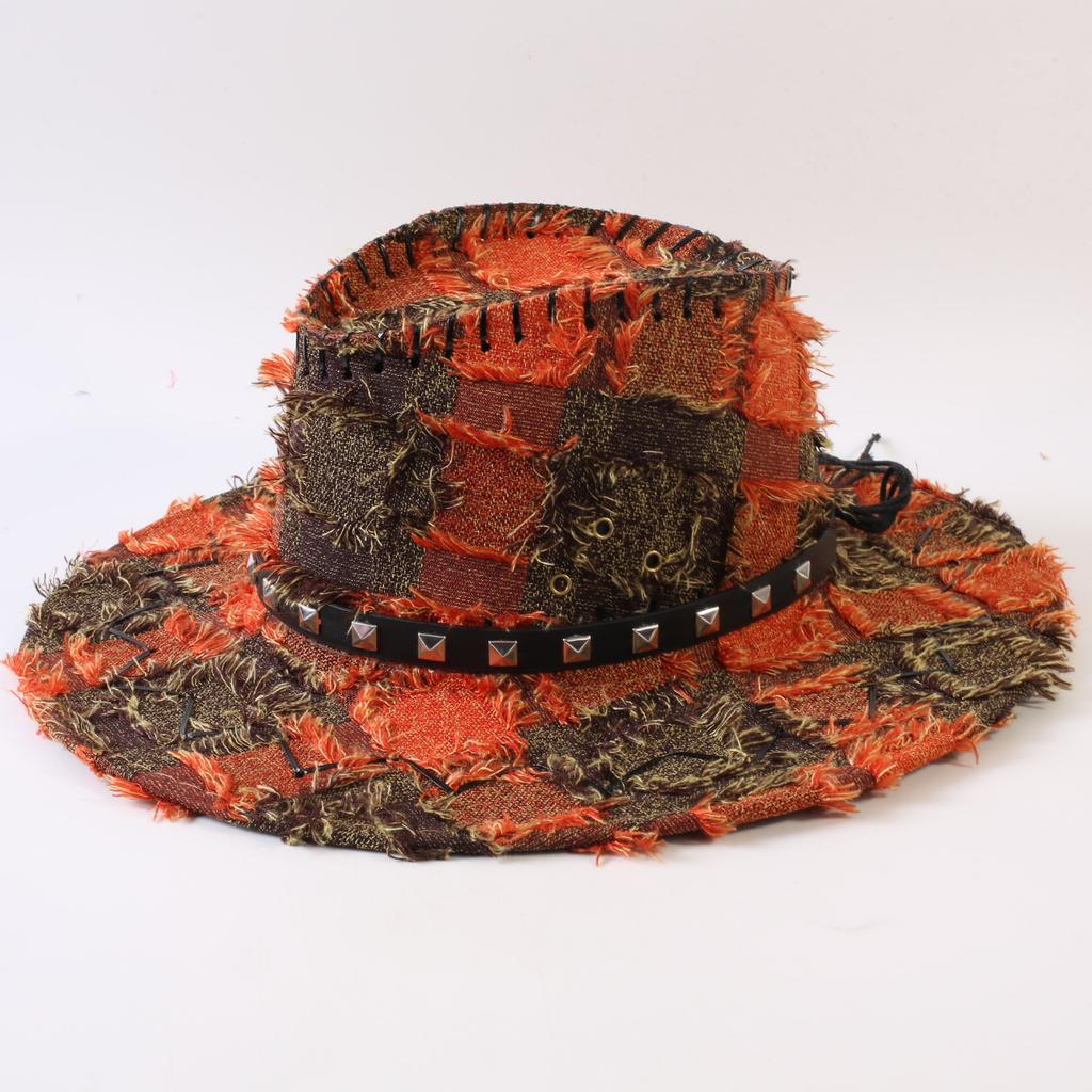 European and American Classic Retro Old Plaid Burr Jazz Hat Men's and Women's Outdoor Sunscreen Sunshade Big Eaves Western Cowboy Hat