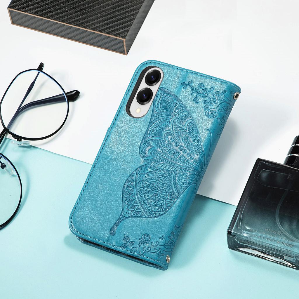 For Samsung Galaxy S25 Edge Case with Strap Butterfly Pattern PU Leather Wallet Phone Cover