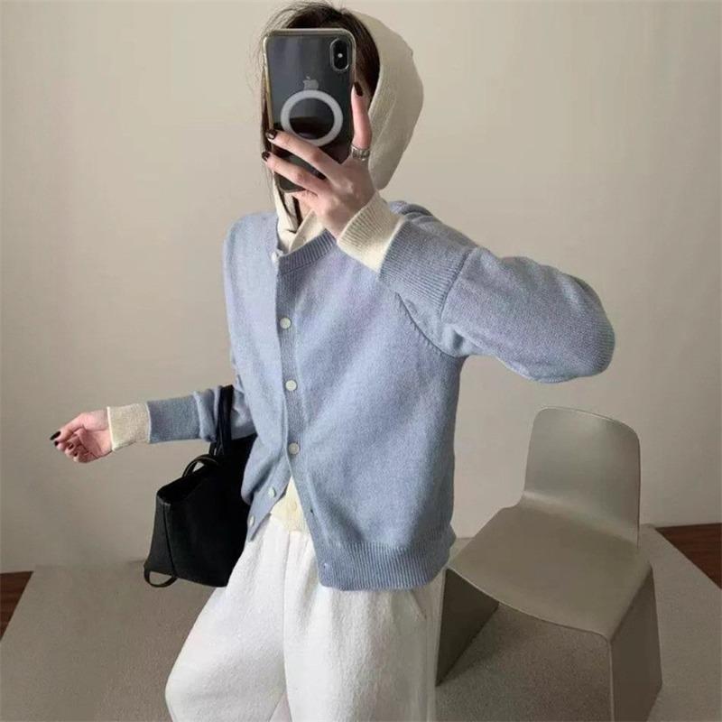 Fake Two-piece Color Matching Hooded Knitted Cardigan Women's Autumn and Winter New Lazy Wind Casual Small Sweater Jacket