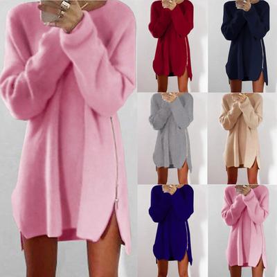 Women Fashion Casual Soild Loose  Long Sleeve Zipper Sweater Dress