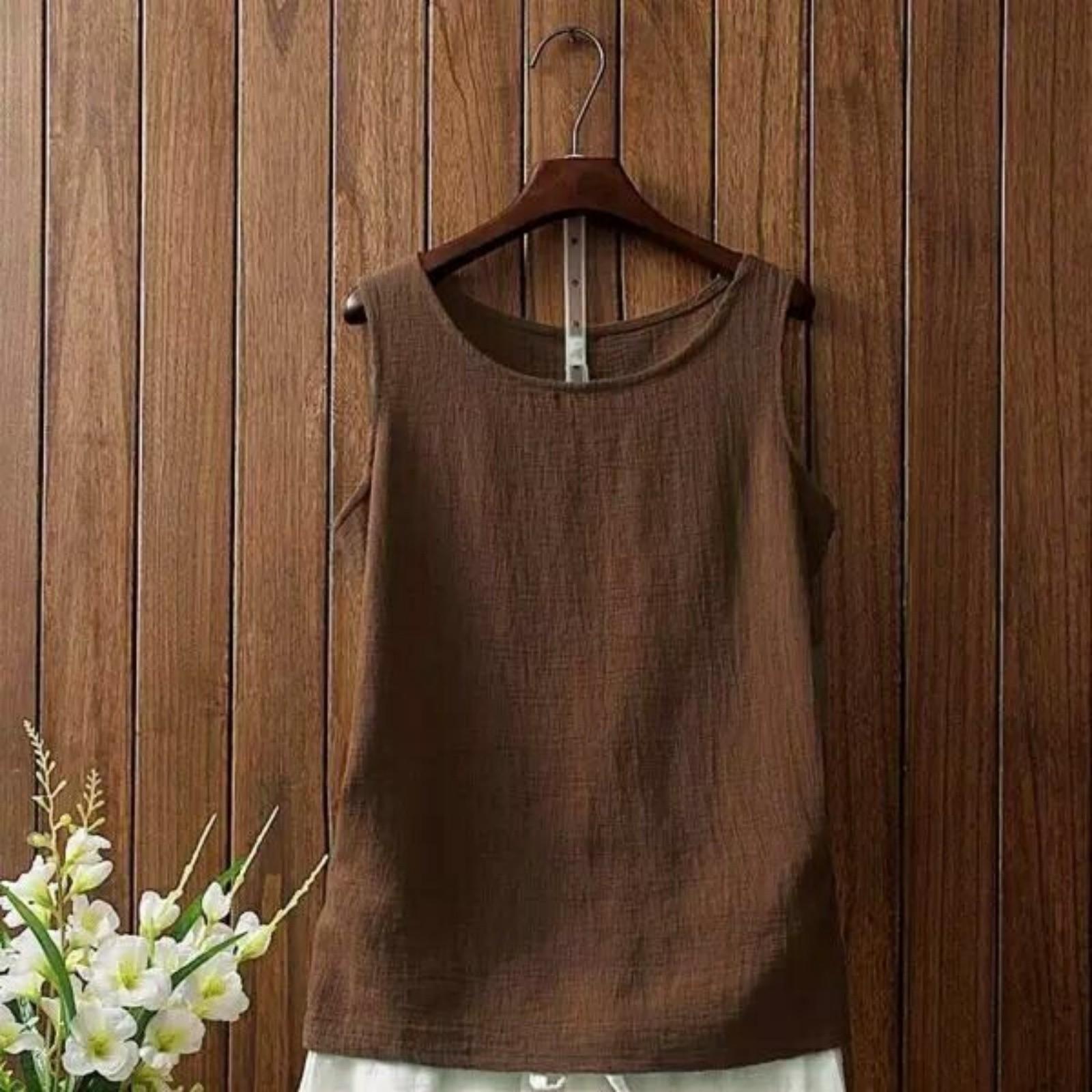 

Женская повседневная майка без рукавов с круглым вырезом, свободного кроя, из хлопка и льна L кофейный