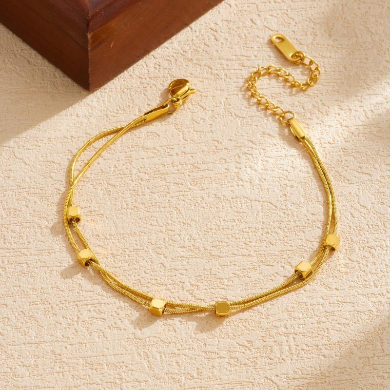 Gold Plated Double Layered Snake Chain Cube Bead Bracelet