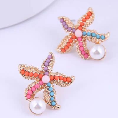 Unique Boho Chic Handmade Colorful Beaded Starfish Pearl and Rice Bead Earrings with Silver Needle