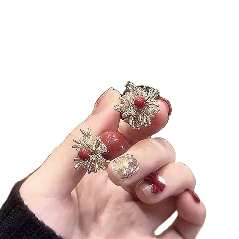 Autumn/Winter Ankara Red Pearl Firework Stud Earrings: High-End Two-Way Luxury Festive Earrings for Women