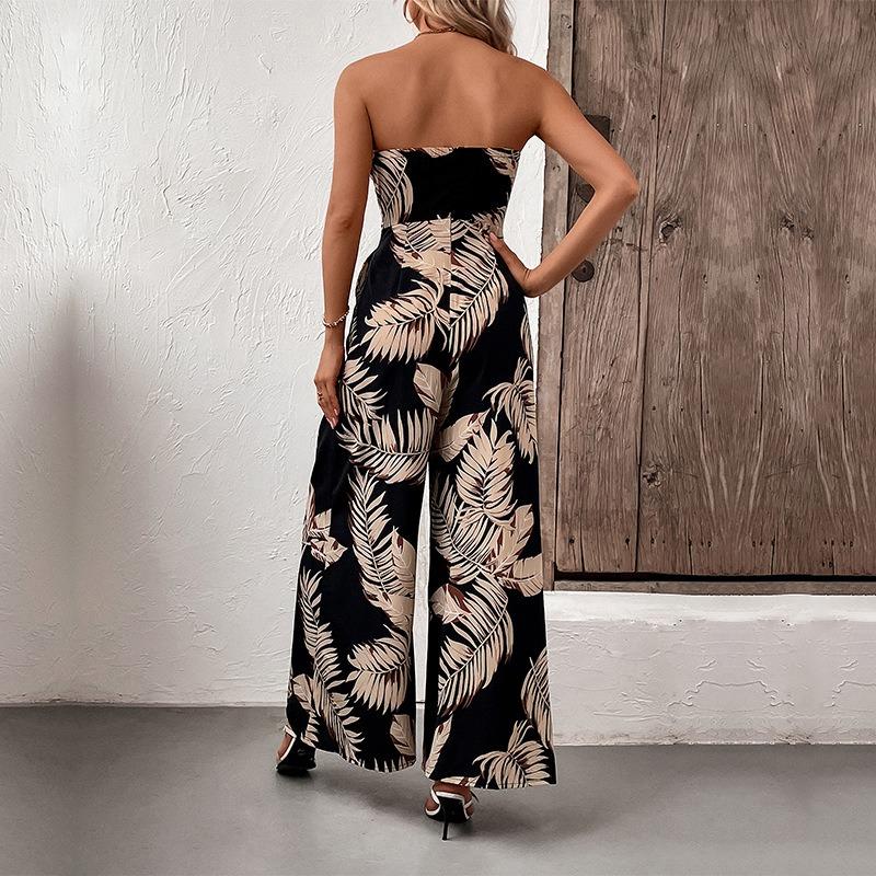 Leisure Vacation Tropical Wind Leaf Printed Tube Jumpsuit