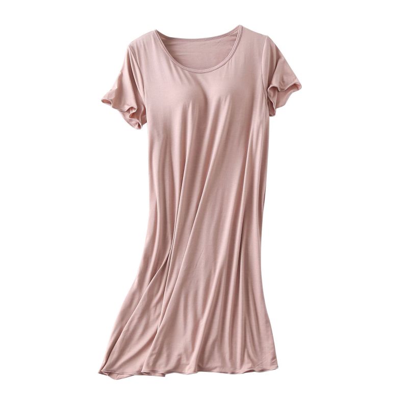 Women Casual Short Sleeve Nightgown Solid Color Pajama Dress with Bra Pad