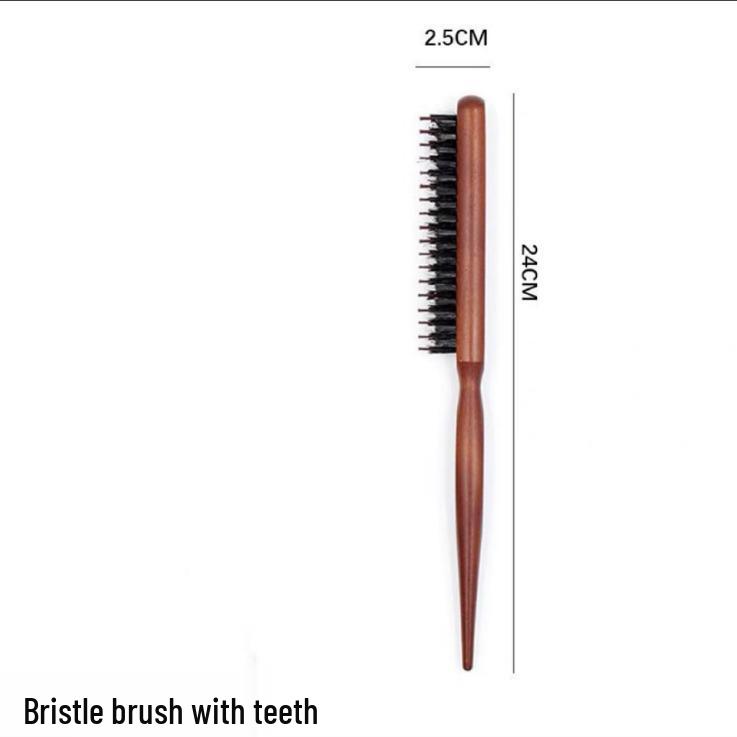 Three-row boar bristle comb with pointed tail for styling, detangling, and volumizing; solid wood hairbrush for teasing and hairdressing.