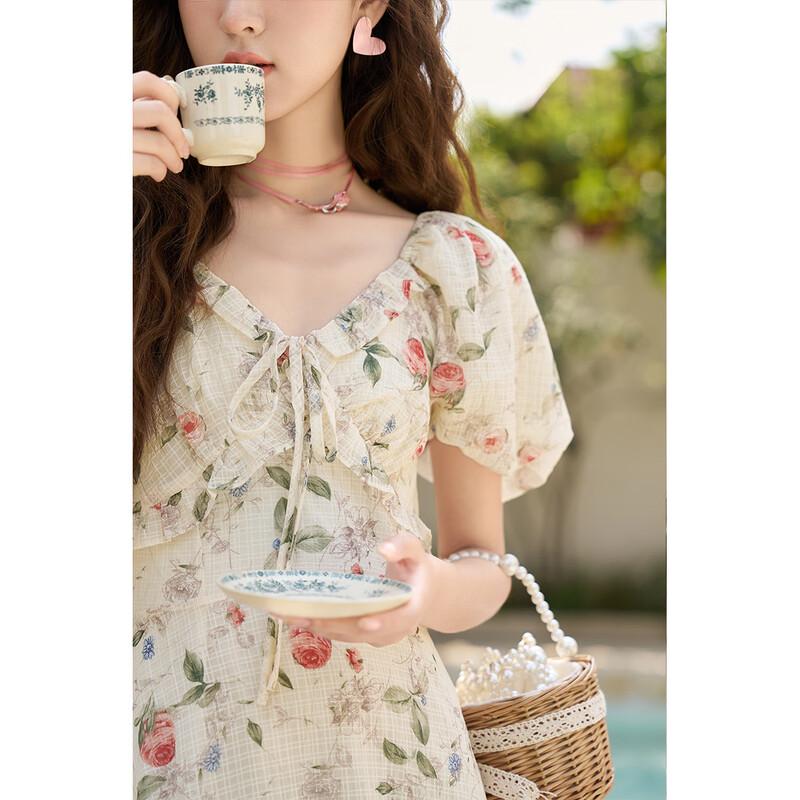 MiXiu French Sweet Floral V-neck Dress