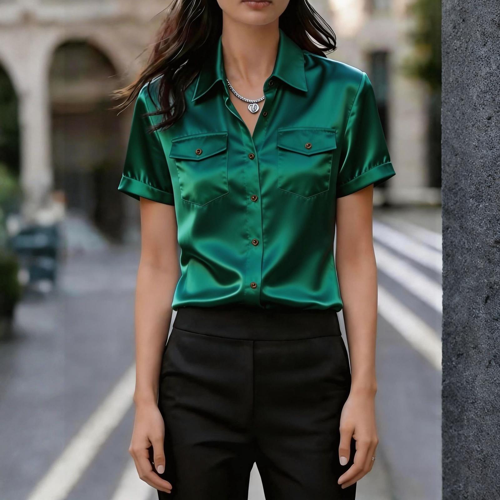 Women s Elegant Satin Short-Sleeve Blouse With Double Pockets XXL зелёный