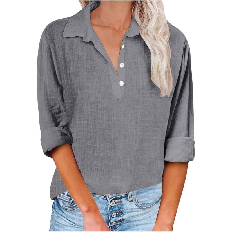 

Женская повседневная свободная рубашка с V-образным вырезом, однотонная, с длинными рукавами, на пуговицах, из хлопка и льна для женщин XXL серый