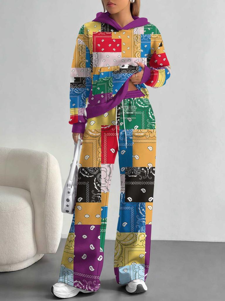 Splicing European And American Autumn And Winter Casual Long-Sleeved Suit Women'S Hooded Sweater Trousers Two-Piece Set