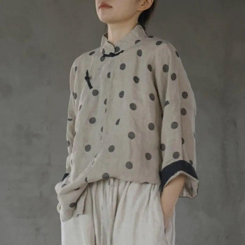 Johnature Women Vintage Linen Shirts Polka Dot Stand Long Sleeve Tops Spring Chinese Style Button Blouses