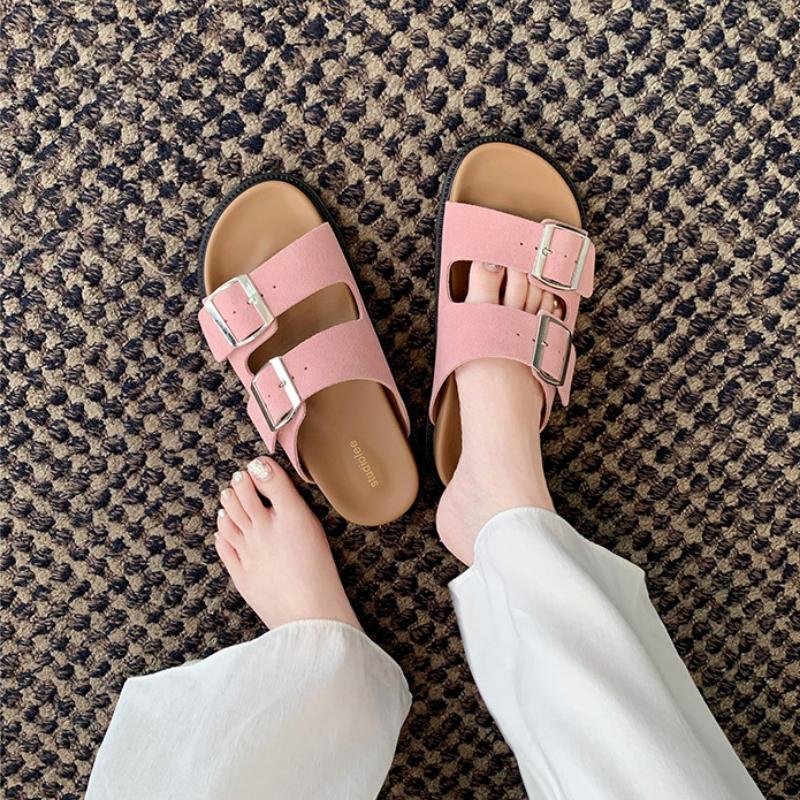 Women's PU Suede Flat Slippers Two-layer Adjustable Buckle Rubber Soft Sole Non-slip Sandals Beach Open Toe Slides Sandalias New