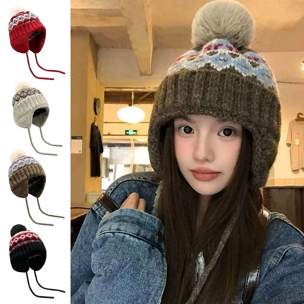 Ear Protection Knitted Cap Warm Beanie Hats Fashion Bomber Hat  for Women
