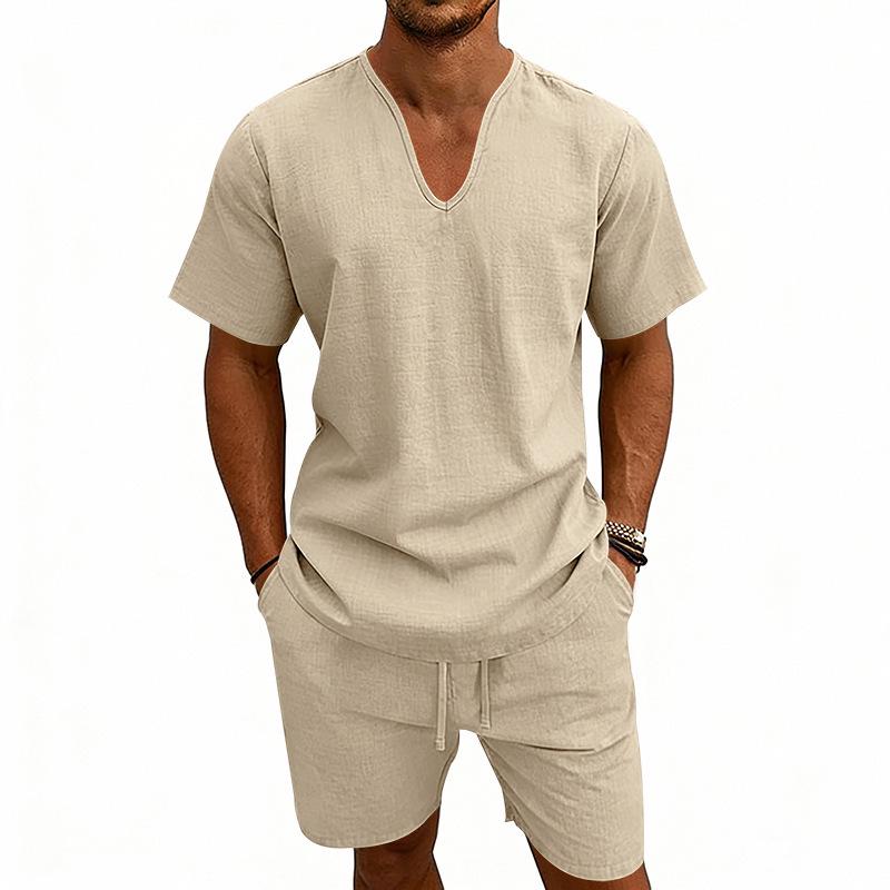 Men's Linen V-Neck Short Sleeve T-Shirt and Shorts Set - Solid Color Beach Casual Wear