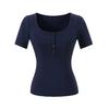 V-neck button-down short-sleeved T-shirt women's summer new American Spice Girl solid color slim-fit elastic crew neck bottoming top
