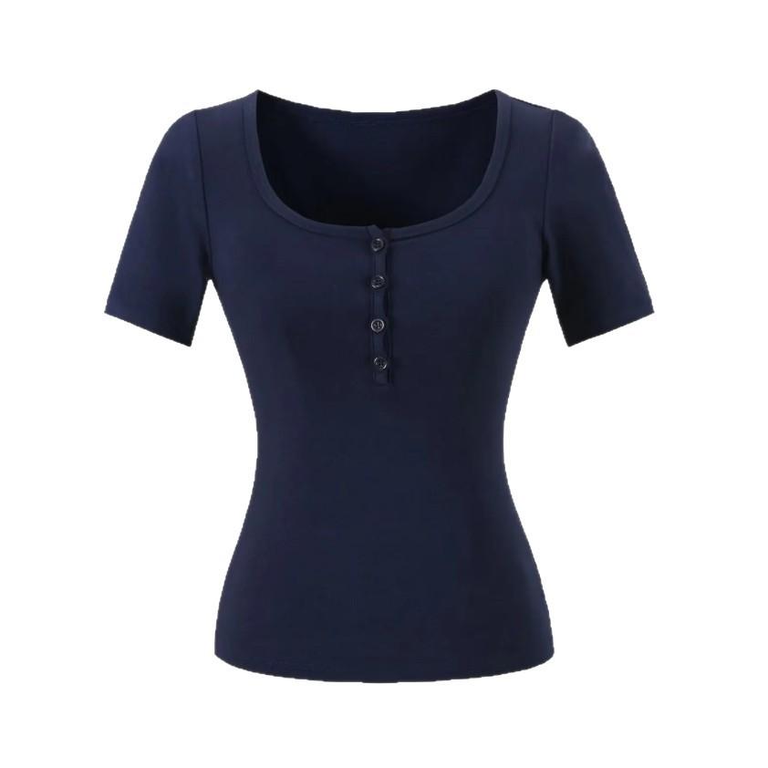 V-neck button-down short-sleeved T-shirt women's summer new American Spice Girl solid color slim-fit elastic crew neck bottoming top