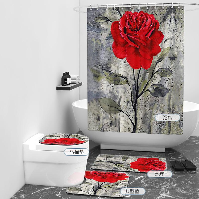 Einfacher Badezimmervorhang Blume Digitaldruck Duschvorhang Duschvorhang Vier-teiliges Set