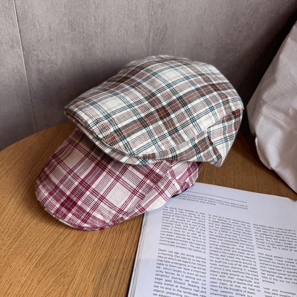 Women Grid Summer Beret Hat Short Brim Cotton Blend Material Sun Sunlight Block