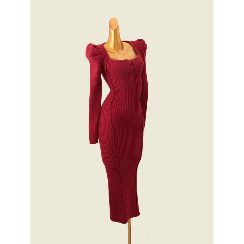 French Style Puff Sleeve Square Collar Long Dress Autumn and Winter New Bejirog Slim Fit Knit Sweater Slim Fit Warm Dress