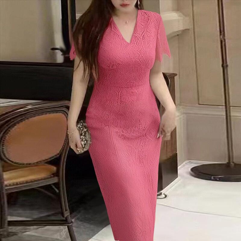 

ZANZEA Женское Повседневное Элегантное Платье с V-образным Вырезом, Короткими Рукавами, Кружевной Отделкой и Облегающим Силуэтом 5XL темно-розовый